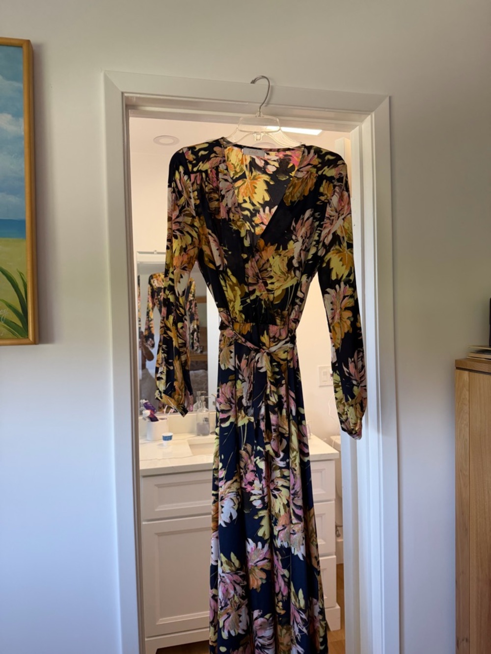 Black Floral Long-Sleeve Wrap Maxi Dress
